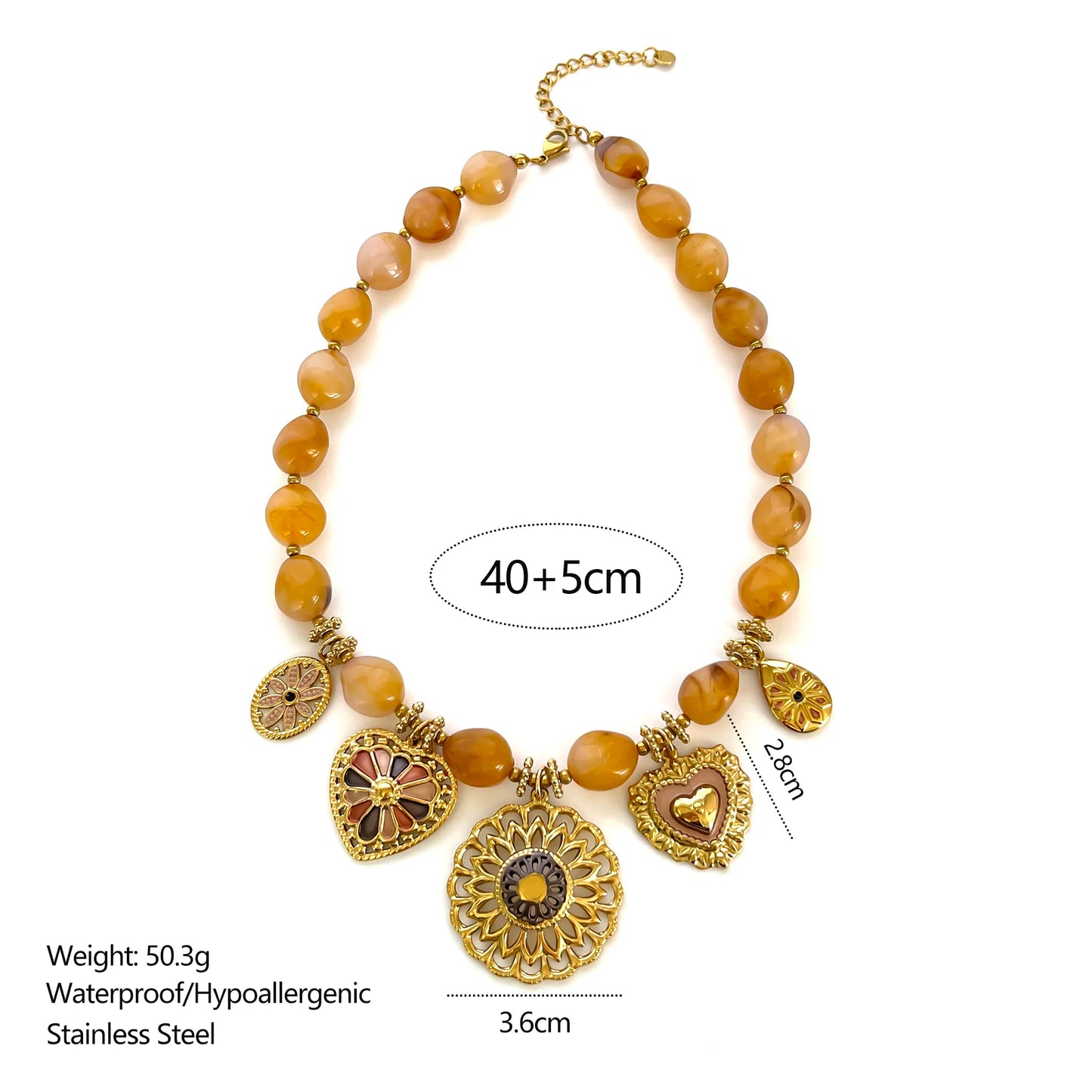 18K Gold Plated Heart Pendant Necklace | Resin Bead Chain | Women's Jewelry