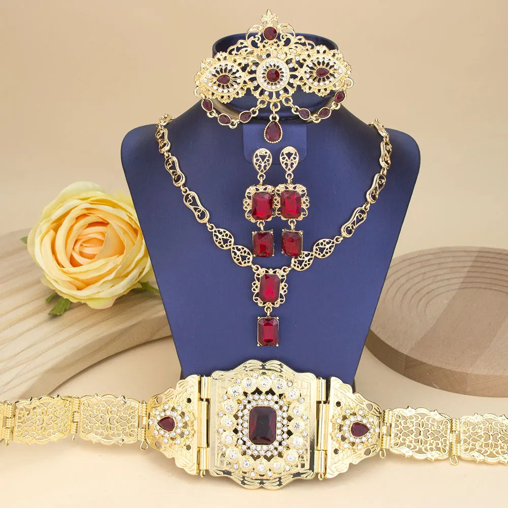 Sunspicems Gold Color Crystal Morocco Bride Jewelry Sets For Women Caftan Belt Waist Chain Charm Choker Necklace Square Earrings