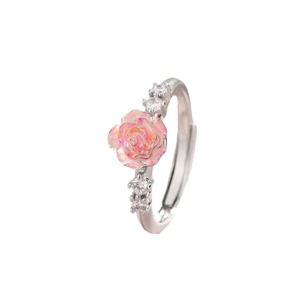 Rose Flower Sterling Silver Ring | Adjustable Pink Zircon Floral Band | USA