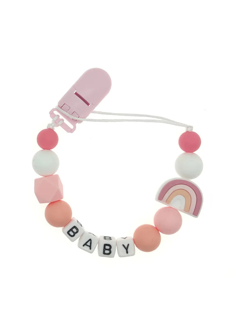 Custom Name Pacifier Holder Chain | Wooden Clip Silicone Teether | USA Australia