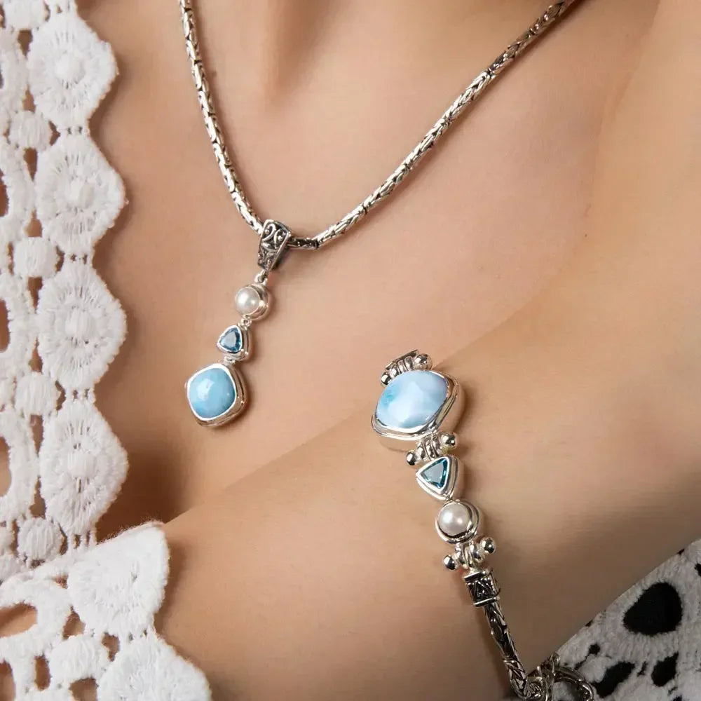 1 Pcs Silver Color Handmade Necklace Pendant Unique Beautiful Blue Natural Sea Pattern And Pearl Pendants Jewelry