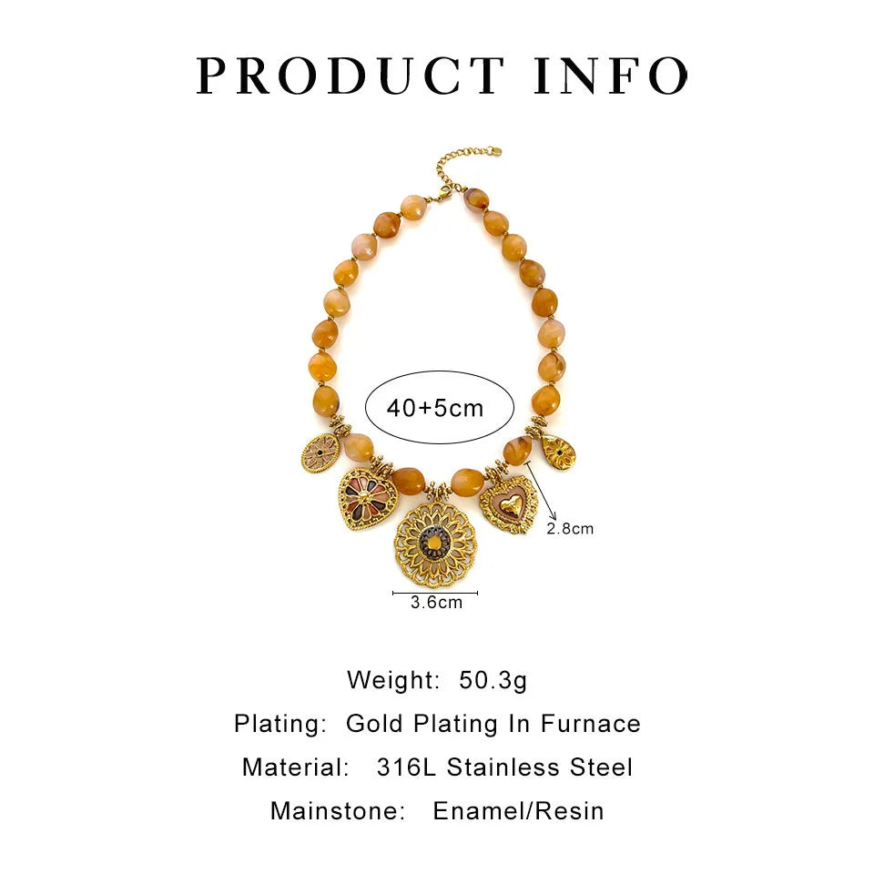 18K Gold Plated Heart Pendant Necklace | Resin Bead Chain | Women's Jewelry