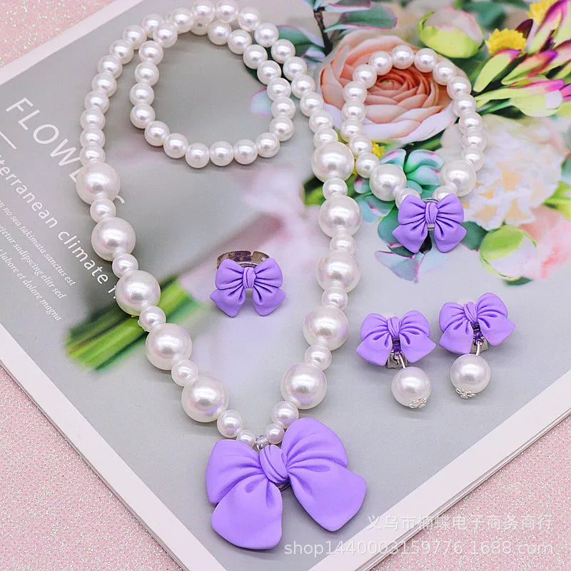 Bow Pearl Jewelry Set for Girls | Necklace Bracelet Earrings Ring | Student | USA
