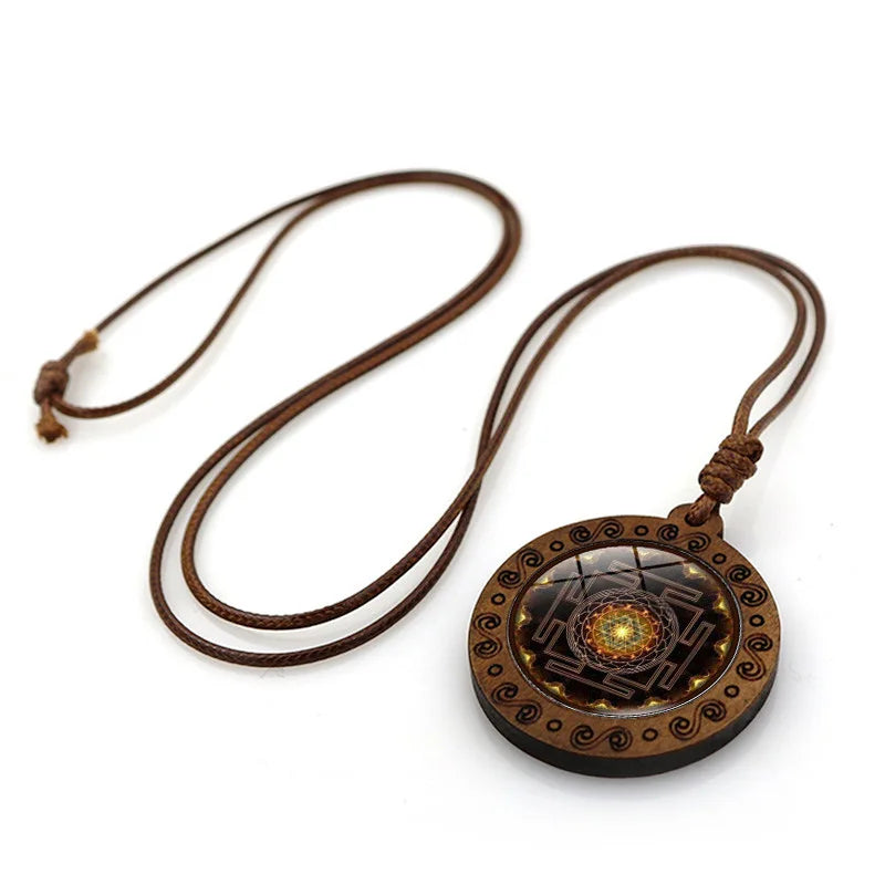 Vintage Archangel Metatron Cube Wooden Necklace | Sacred Geometry