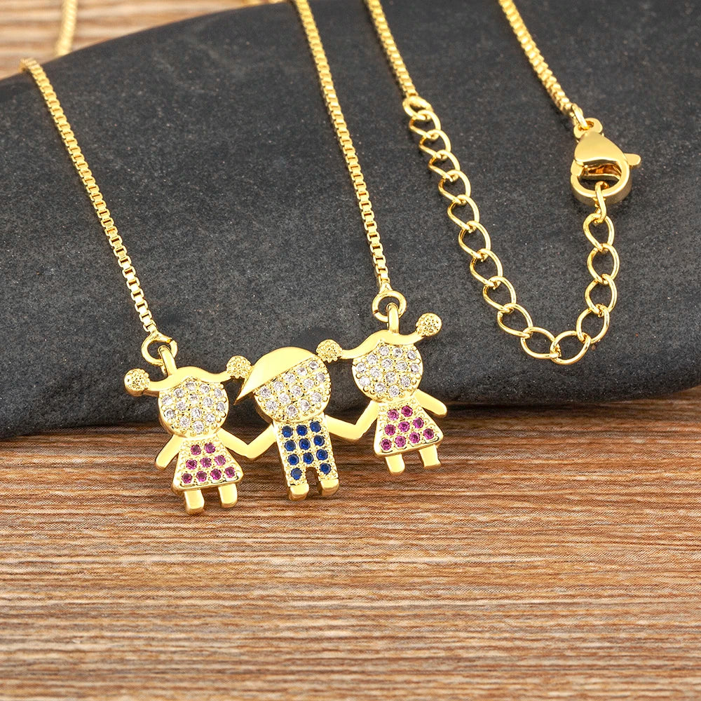 Nidin Gold Plated Family Pendant Necklace | AAA CZ Crystal Kids Jewelry | USA