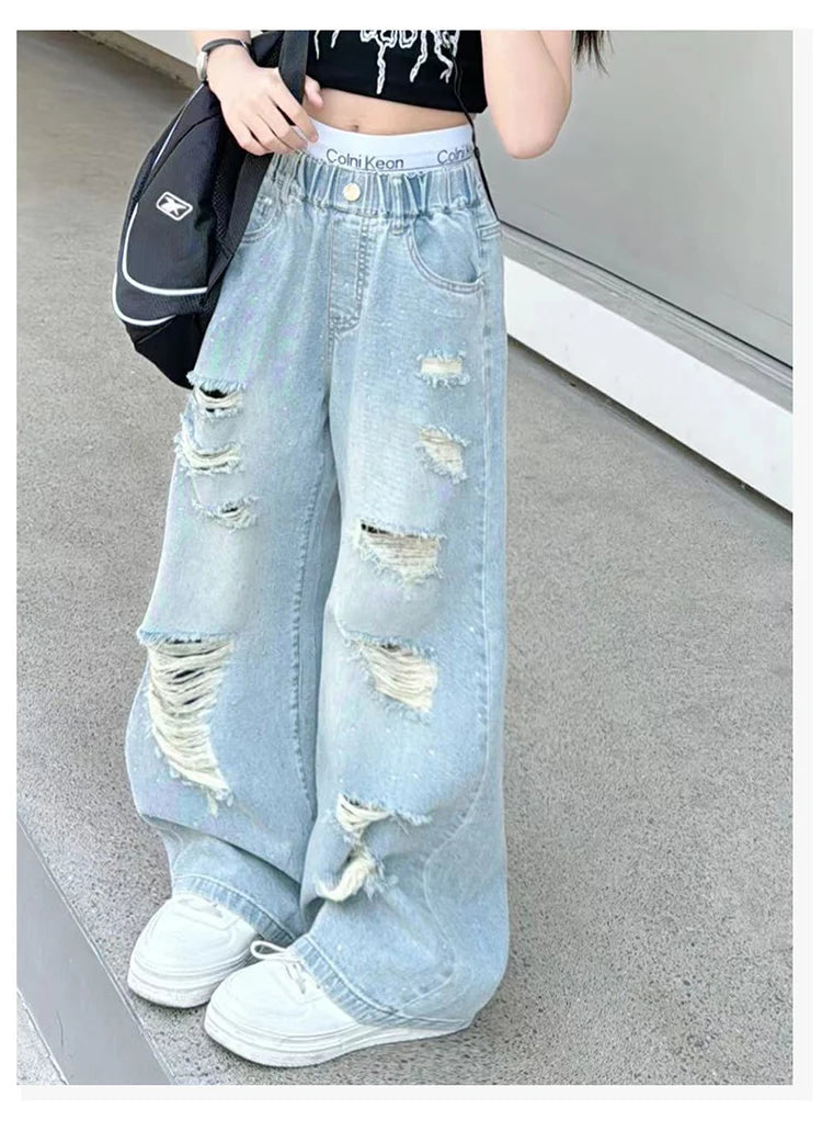 Kids Girls High Fashion Ripped Jeans | Destroyed Denim Pants | Ages 5-14 | USA
