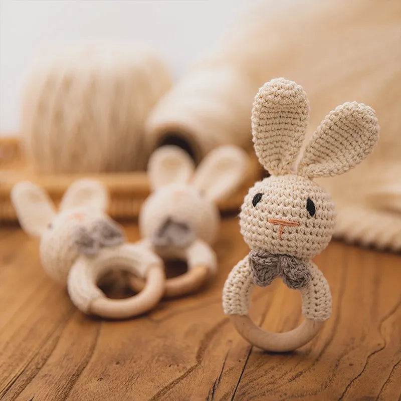 Crochet Bunny Rattle Teether | Wooden Ring Baby Gym Mobile | USA Australia