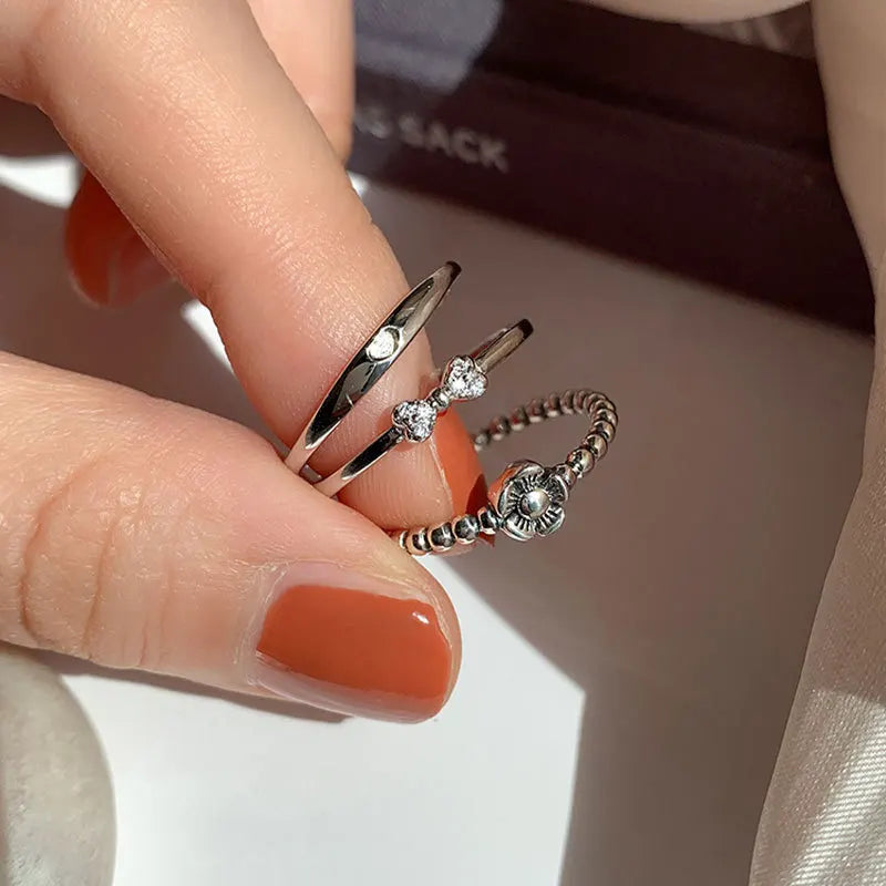 Sterling Silver Flower Bow Ring - Love Combination Adjustable Design