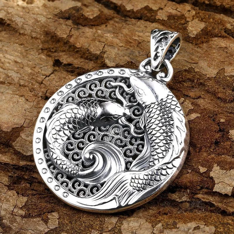 925 Silver National Style Glossy Double Fish Necklace for Men and Women New in Hollow Out Round Pendant Creative Vintage Jewelry