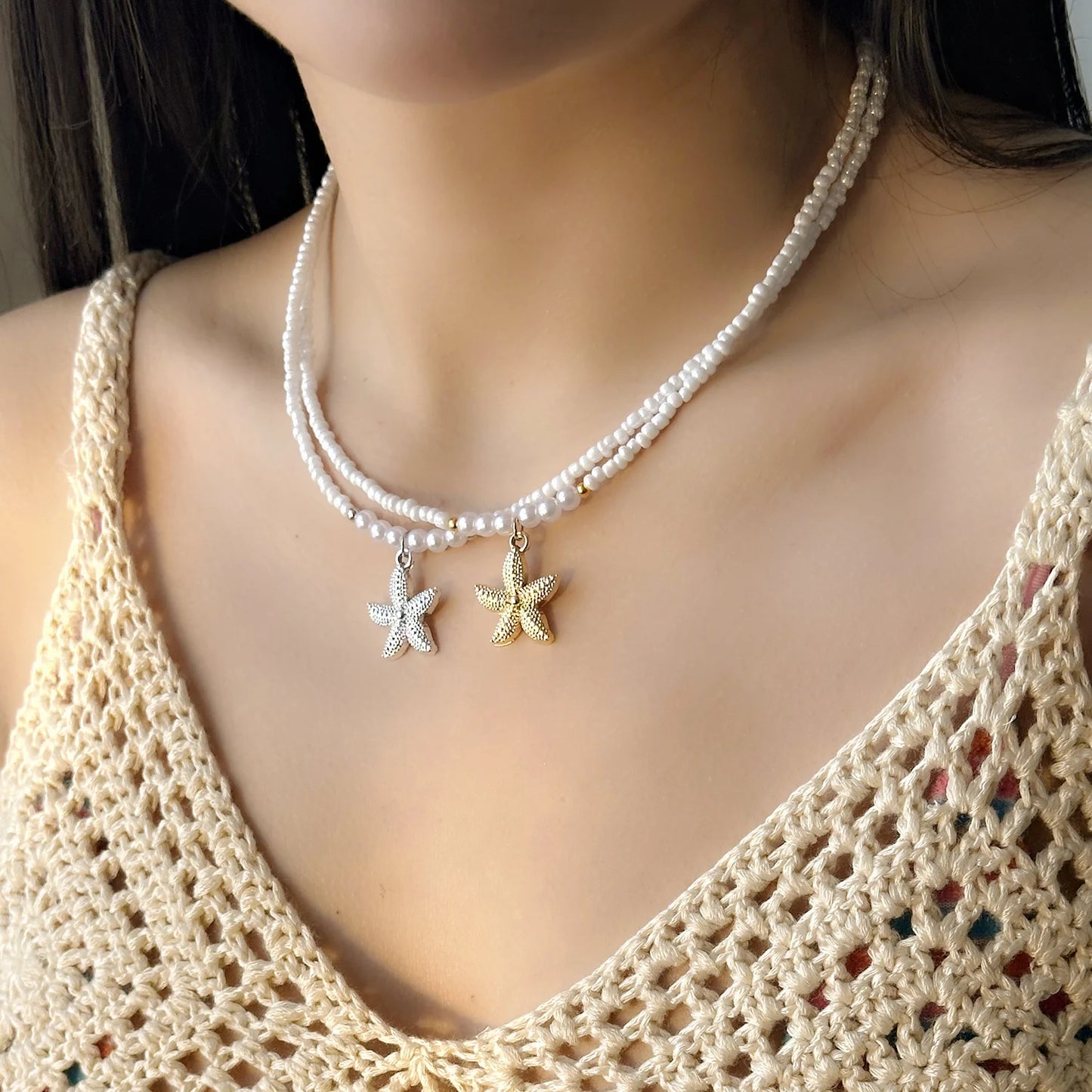 Bohemian Rice Beads Starfish Necklace | Pearl Beaded Choker | Summer Beach