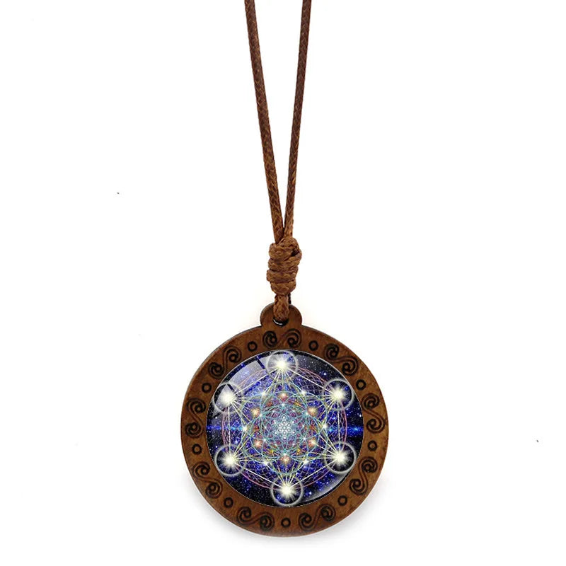Vintage Archangel Metatron Cube Wooden Necklace | Sacred Geometry