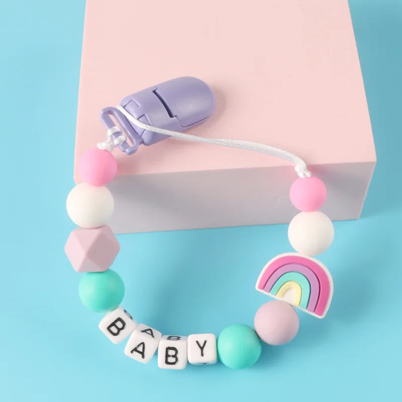 Custom Name Pacifier Holder Chain | Wooden Clip Silicone Teether | USA Australia