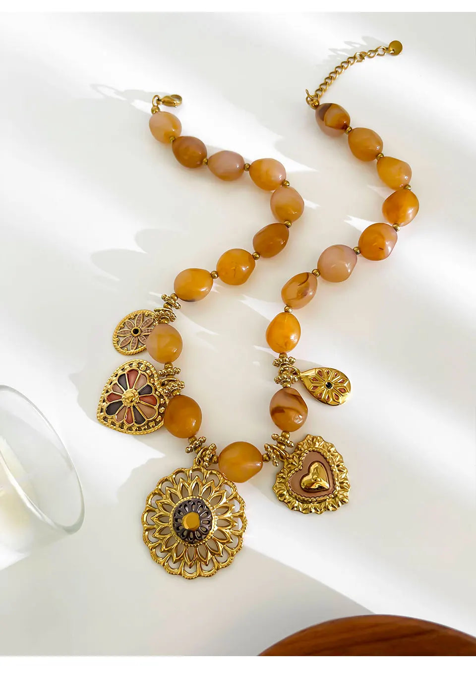 18K Gold Plated Heart Pendant Necklace | Resin Bead Chain | Women's Jewelry