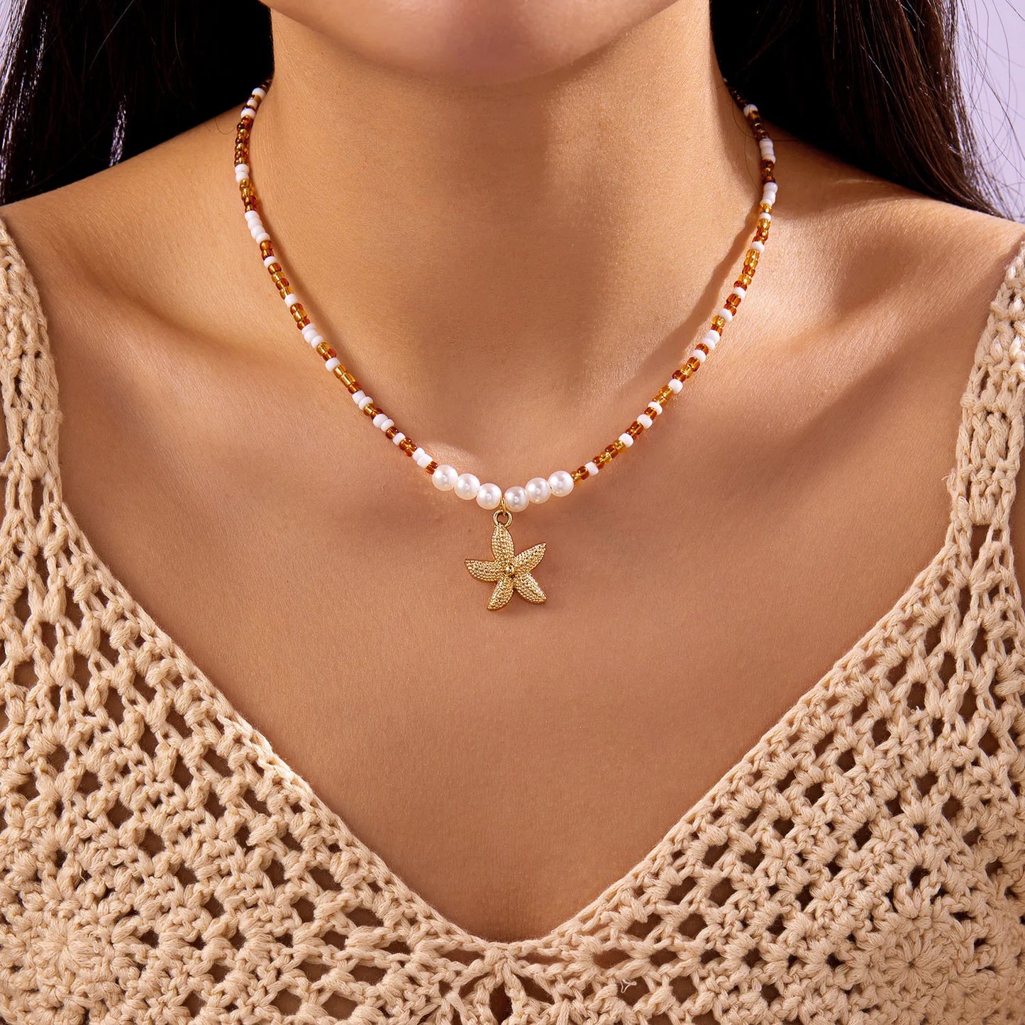 Bohemian Starfish Beach Necklace for Women | Pearl Beaded Choker | Summer | USA