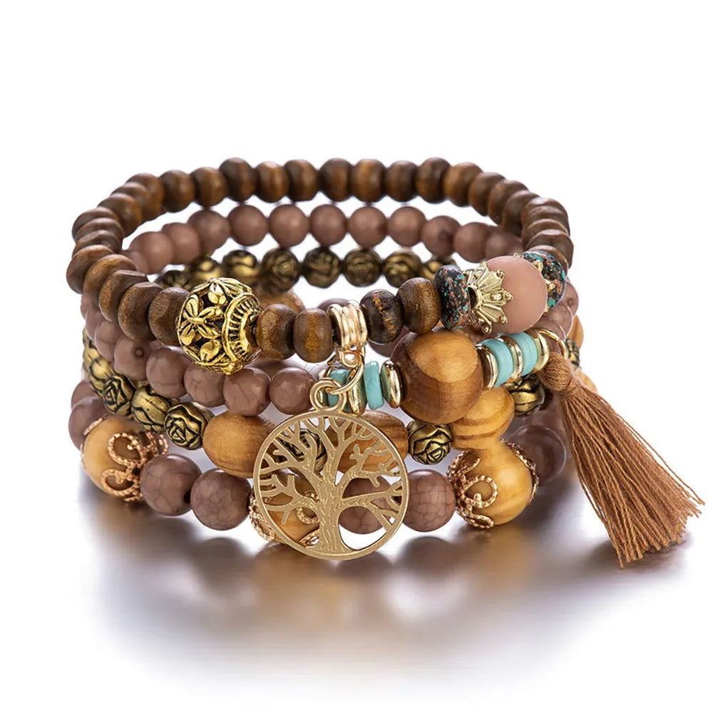 4-Piece Tree of Life Bracelet Set | Wooden Beaded Boho Bangles | USA Australia