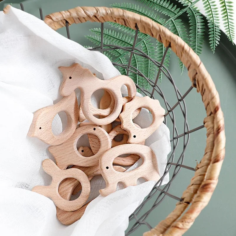 5-Pack Wooden Teether Set | BPA Free Animal Shapes | Hedgehog & Bird | USA