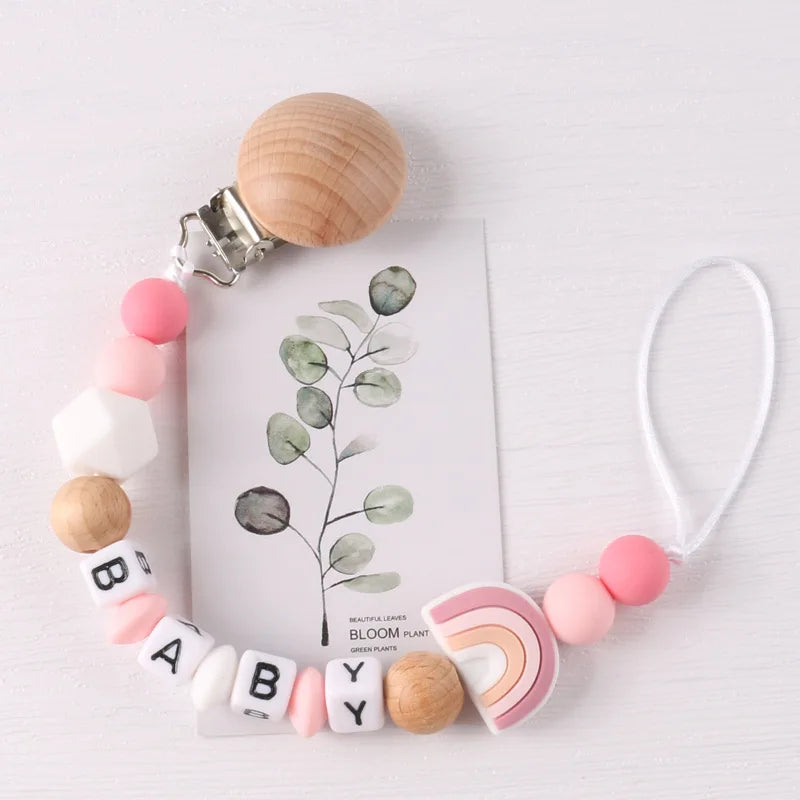 Custom Name Pacifier Holder Chain | Wooden Clip Silicone Teether | USA Australia