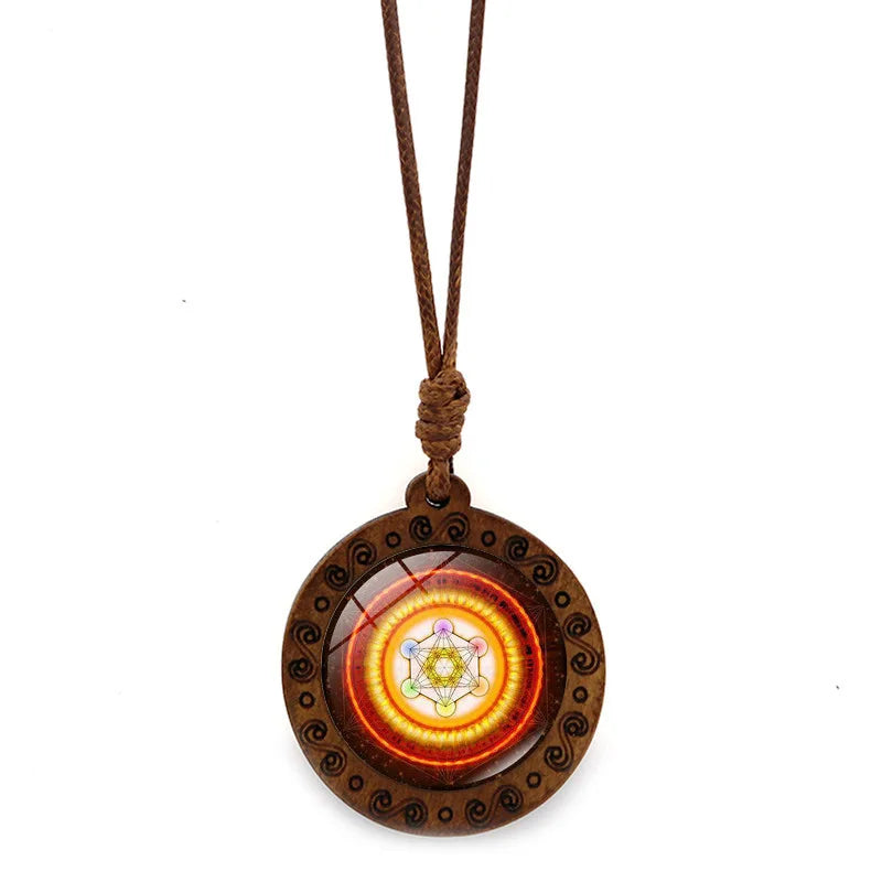Vintage Archangel Metatron Cube Wooden Necklace | Sacred Geometry