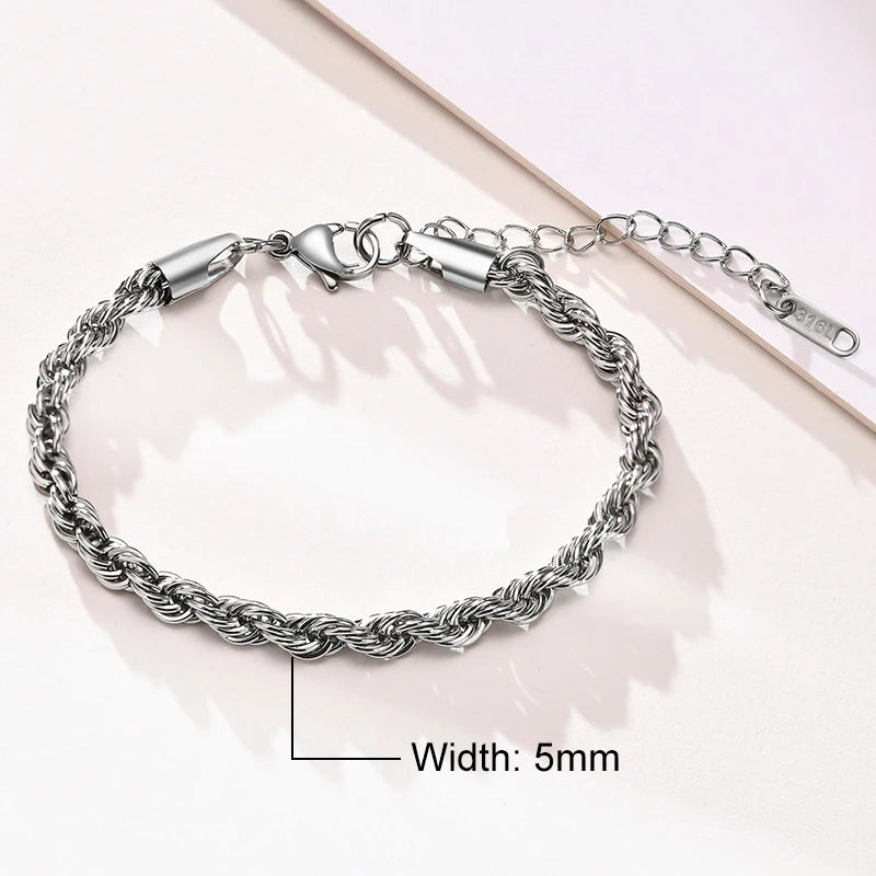 Unisex Rope Chain Bracelet | Stainless Steel Twisted Links | Women Men | USA