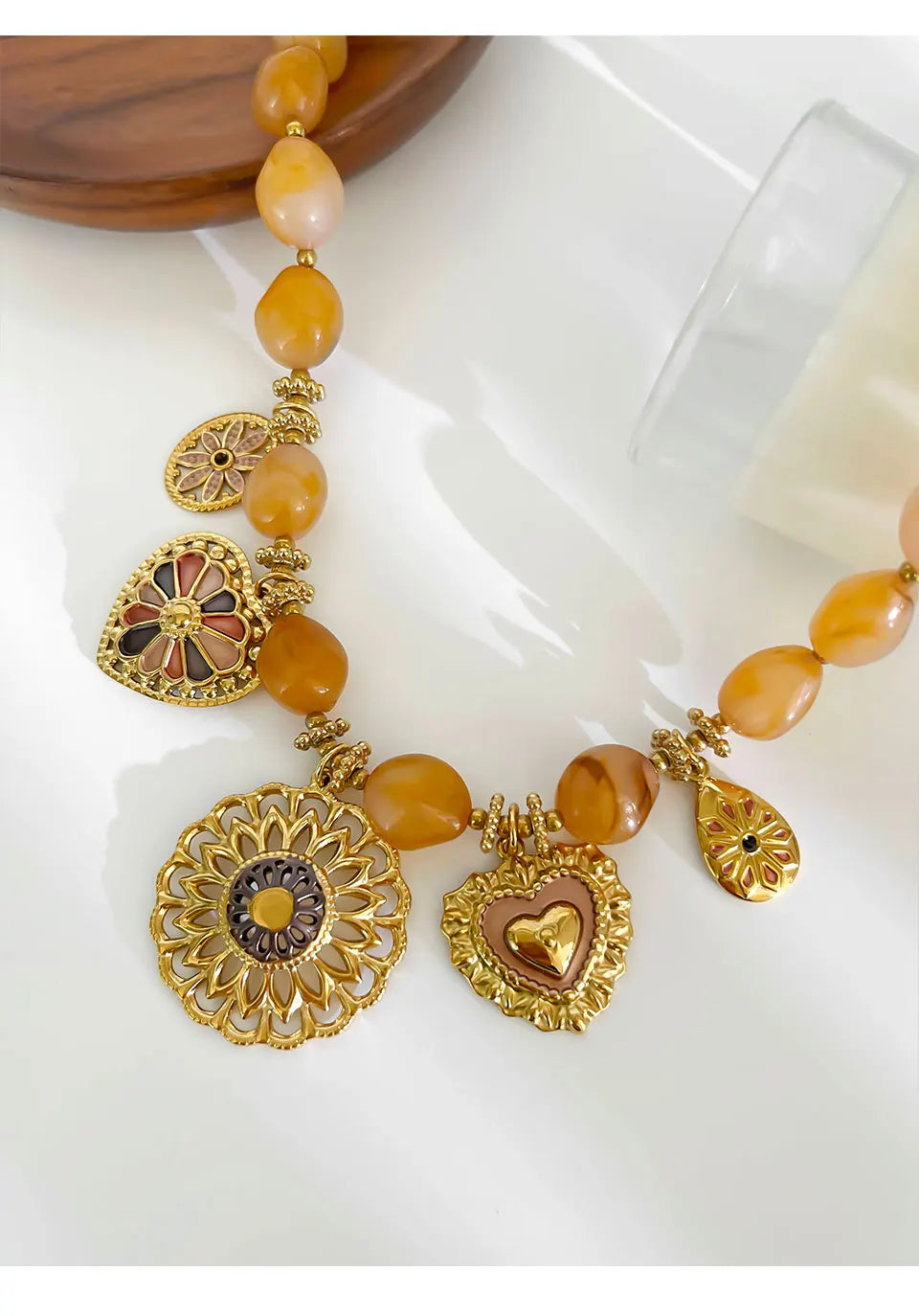 18K Gold Plated Heart Pendant Necklace | Resin Bead Chain | Women's Jewelry
