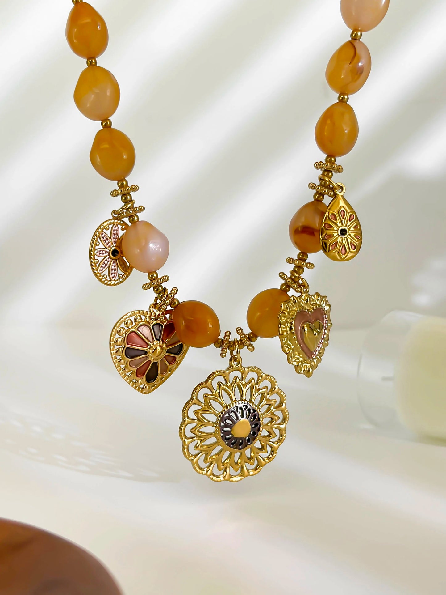 18K Gold Plated Heart Pendant Necklace | Resin Bead Chain | Women's Jewelry