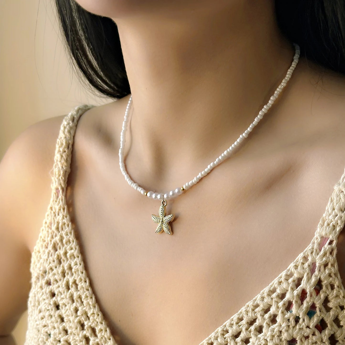 Bohemian Rice Beads Starfish Necklace | Pearl Beaded Choker | Summer Beach