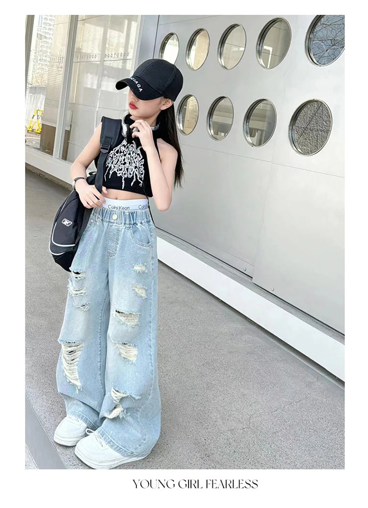 Kids Girls High Fashion Ripped Jeans | Destroyed Denim Pants | Ages 5-14 | USA
