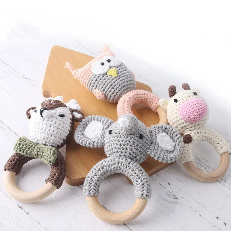 Crochet Bunny Rattle Teether | Wooden Ring Baby Gym Mobile | USA Australia