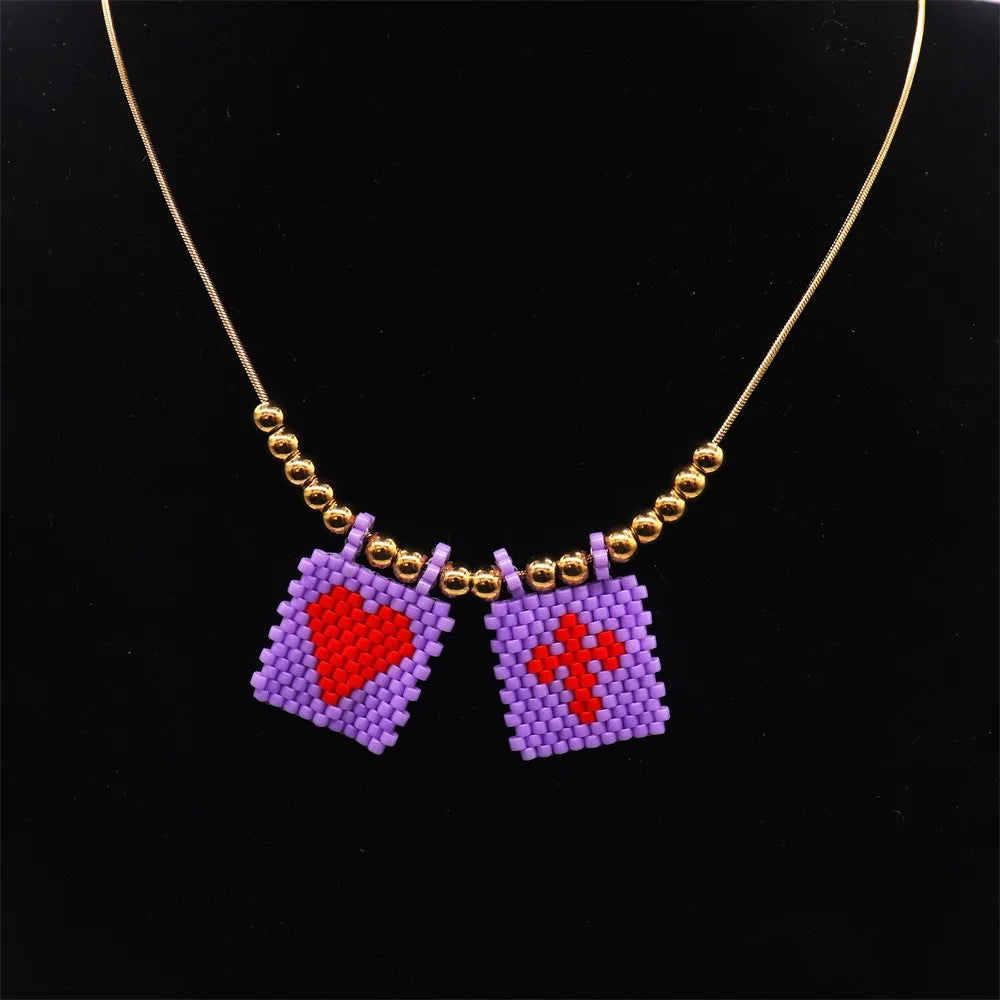 ZHONGVI Miyuki Heart Cross Pendant Necklace | Gold Plated Steel | Worldwide Shipping