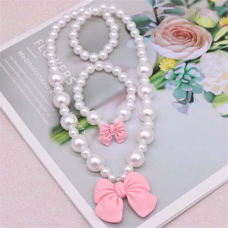 Bow Pearl Jewelry Set for Girls | Necklace Bracelet Earrings Ring | Student | USA