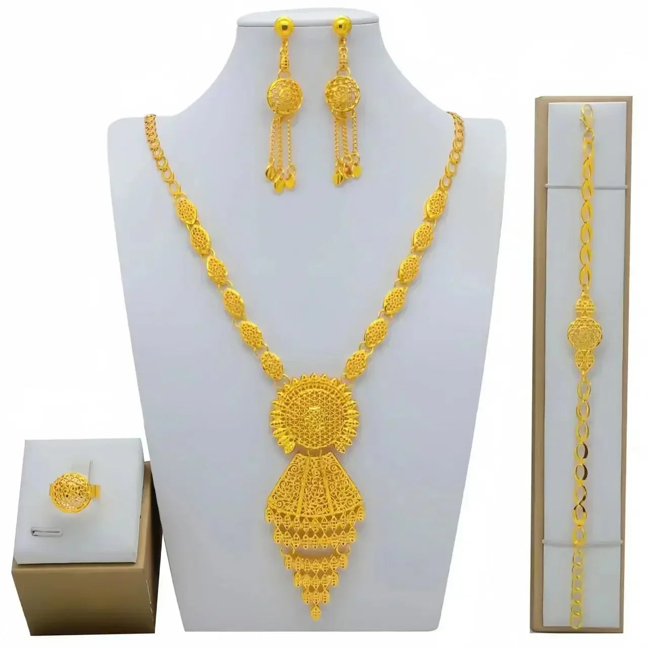 Luxury Dubai Gold Wedding Jewelry Set | African Bridal Gift 4-Piece | USA Australia