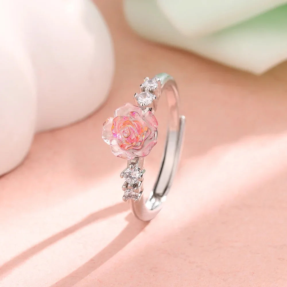 Rose Flower Sterling Silver Ring | Adjustable Pink Zircon Floral Band | USA