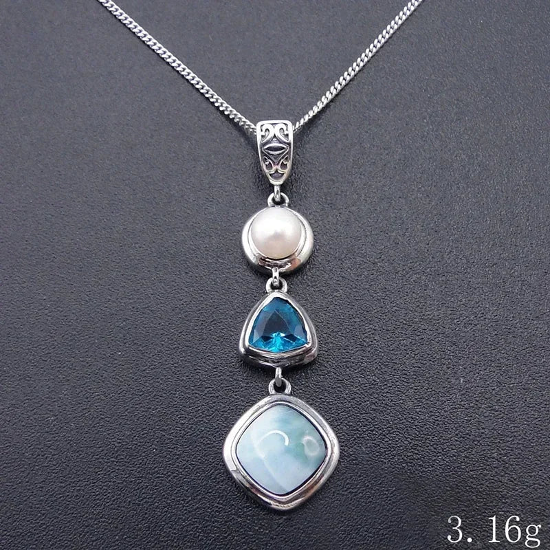 1 Pcs Silver Color Handmade Necklace Pendant Unique Beautiful Blue Natural Sea Pattern And Pearl Pendants Jewelry
