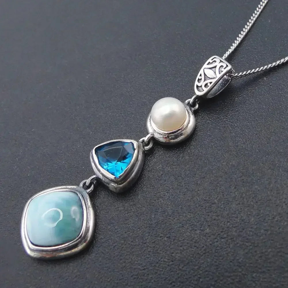 1 Pcs Silver Color Handmade Necklace Pendant Unique Beautiful Blue Natural Sea Pattern And Pearl Pendants Jewelry