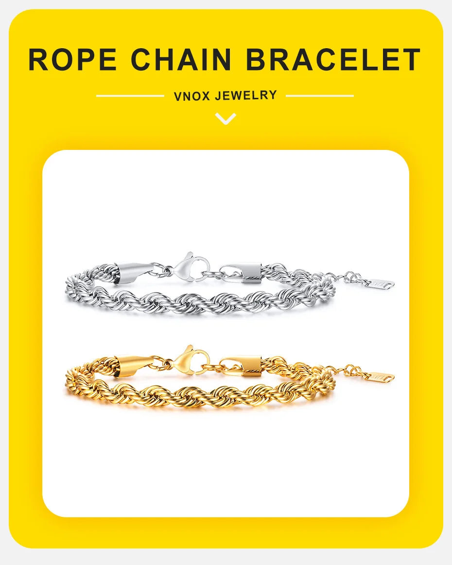Unisex Rope Chain Bracelet | Stainless Steel Twisted Links | Women Men | USA