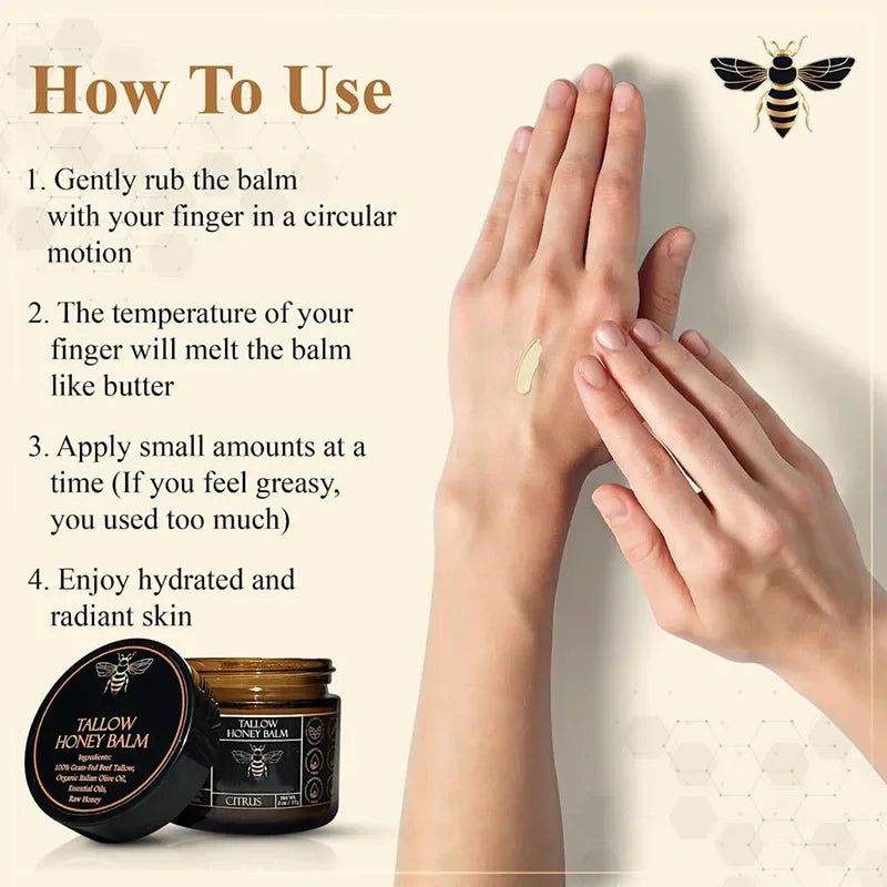 Organic Grass Fed Beef Tallow Balm With Raw Honey Moisturizing Cream For Soft Smooth Skin Handmade All-Natural Moisturizer Skin