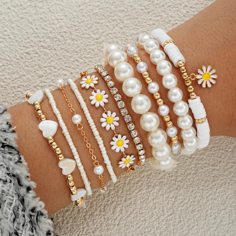 10-Piece Vintage Bohemian Bracelet Set | Daisy Flower Pearl Bangles | USA