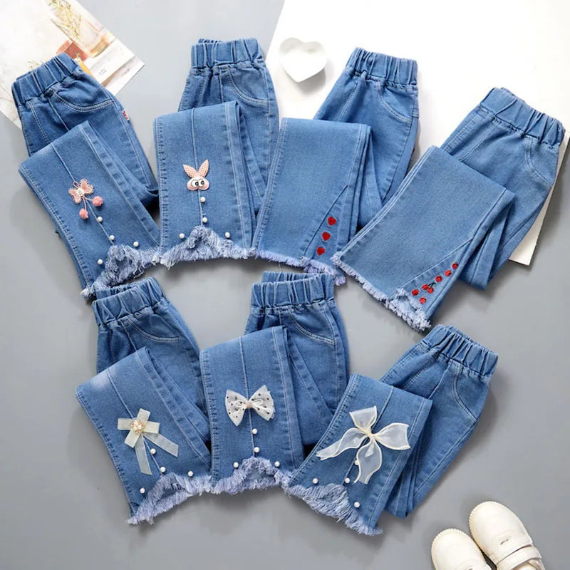 2024 Autumn Elastic Kids Jeans | Girls Cute Bow Denim Flared Pants | Ages 3-12 | USA
