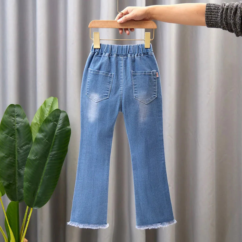 2024 Autumn Elastic Kids Jeans | Girls Cute Bow Denim Flared Pants | Ages 3-12 | USA