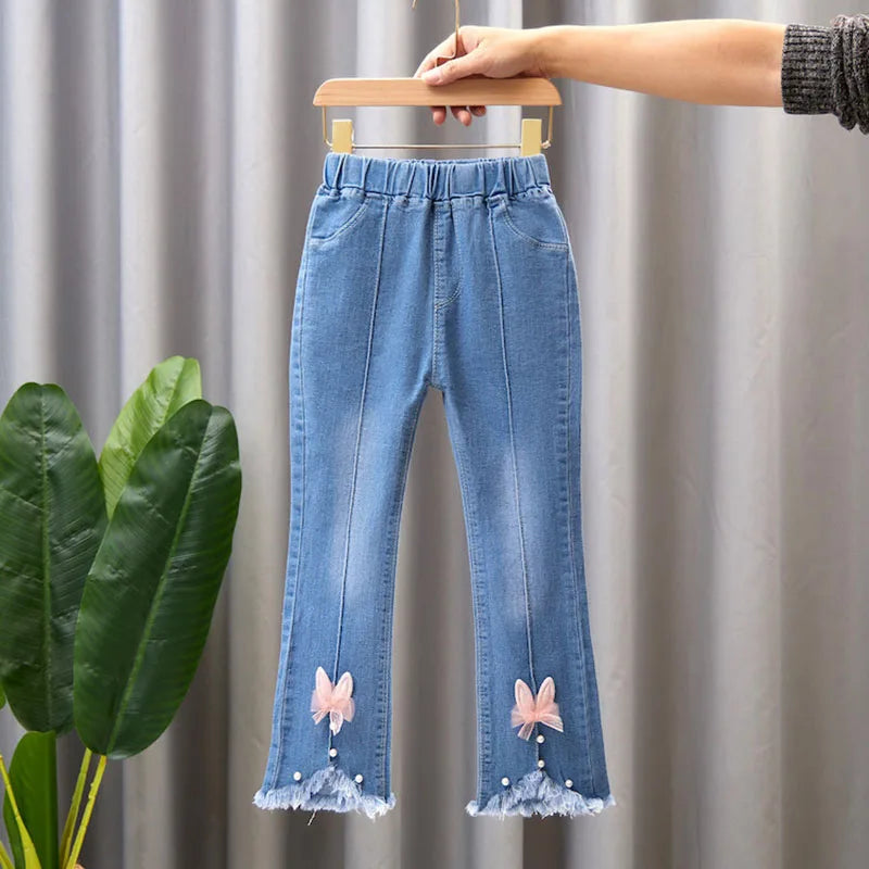 2024 Autumn Elastic Kids Jeans | Girls Cute Bow Denim Flared Pants | Ages 3-12 | USA