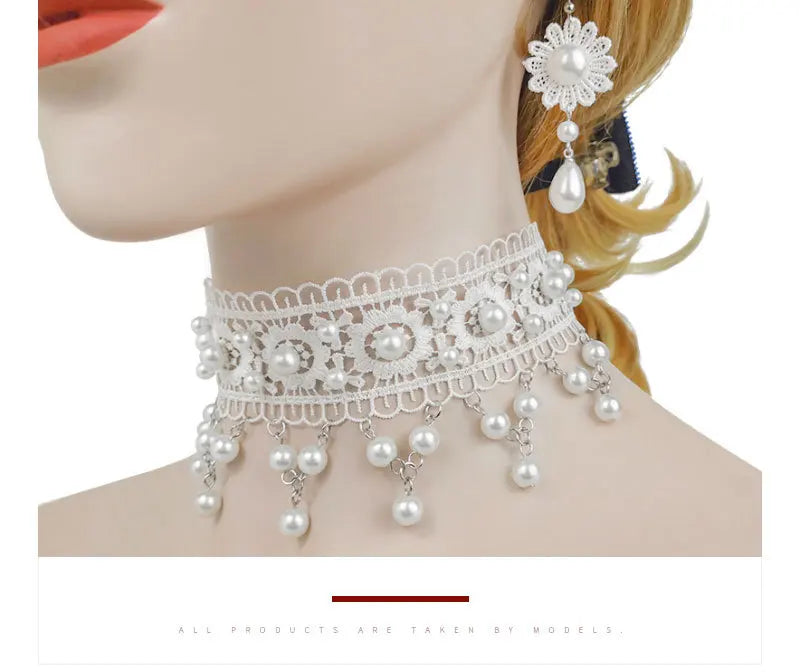 White Pearl Lace Necklace & Earrings Set | Lolita Fashion Accessories