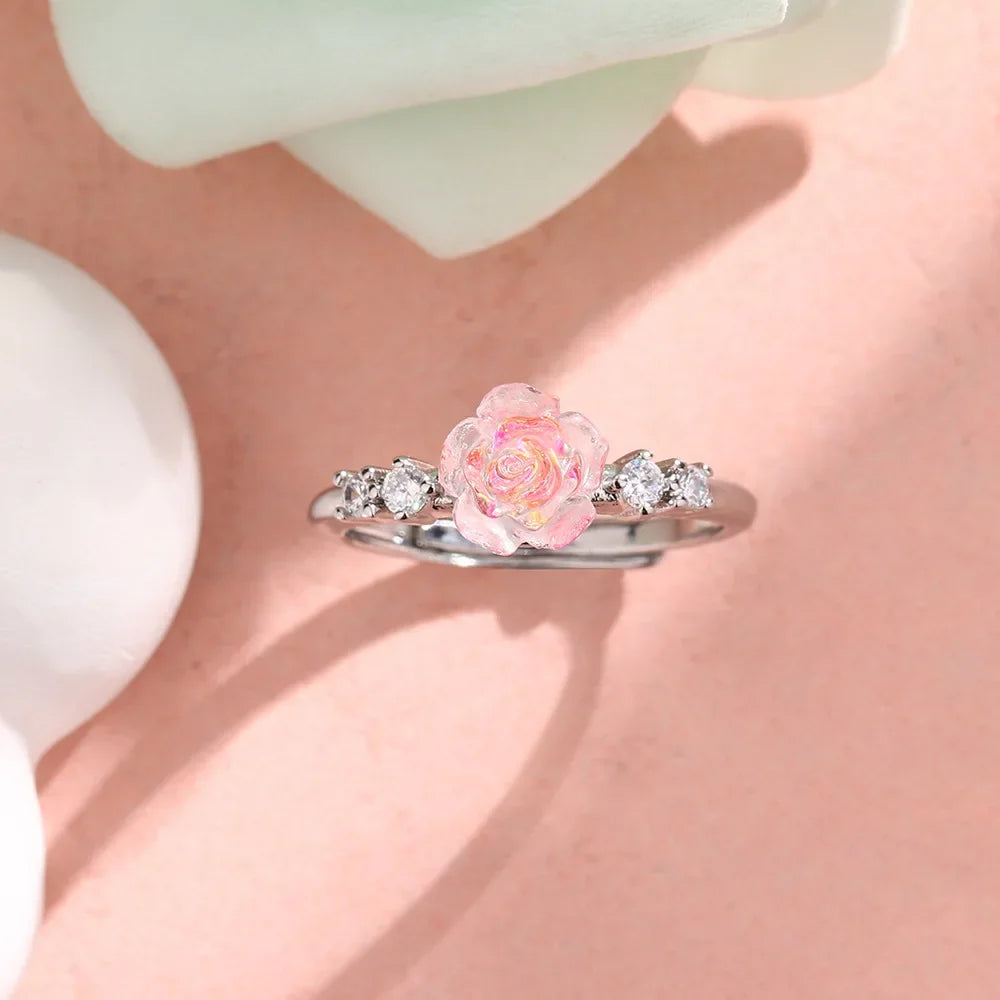 Rose Flower Sterling Silver Ring | Adjustable Pink Zircon Floral Band | USA