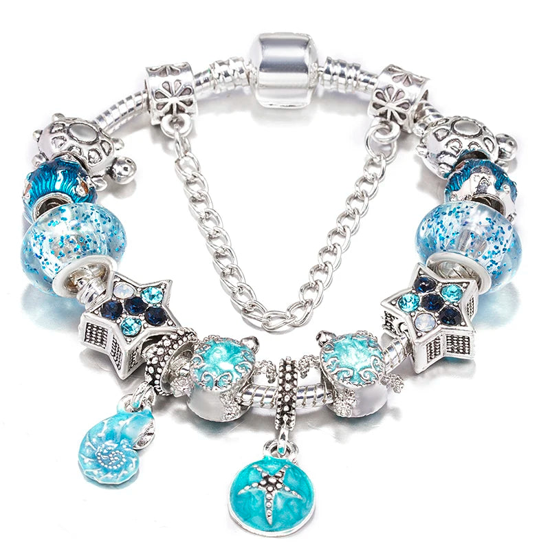 Blue Ocean Turtle Charm Bracelet | Starfish Dolphin Beads | Women Kids | USA