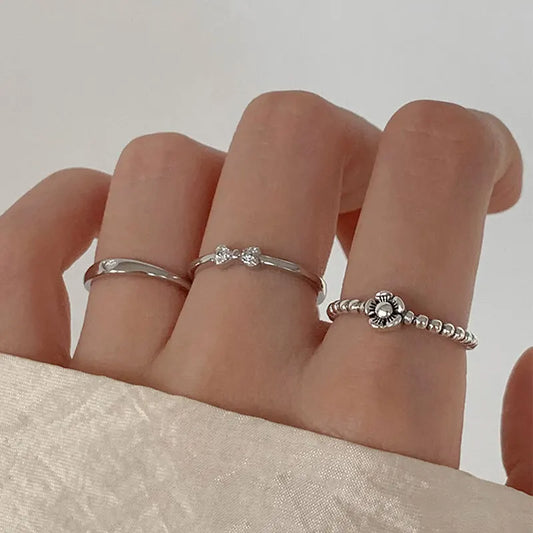 Sterling Silver Flower Bow Ring - Love Combination Adjustable Design