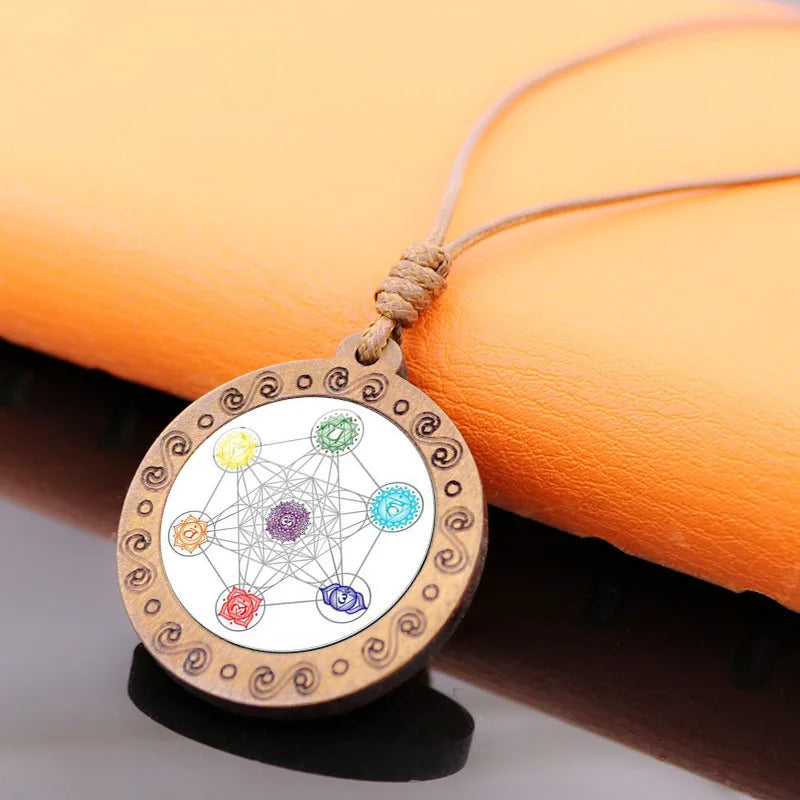 Vintage Archangel Metatron Cube Wooden Necklace | Sacred Geometry