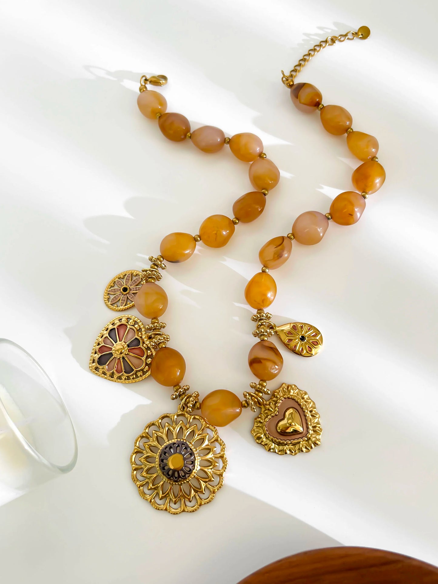 18K Gold Plated Heart Pendant Necklace | Resin Bead Chain | Women's Jewelry