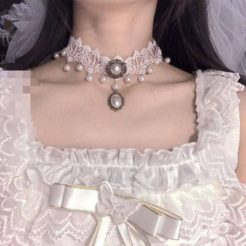 Imitation Pearl White Lace Choker | Bridal Wedding Tattoo Tassel | Women