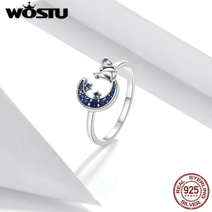 Moon & Cat Sterling Silver Ring | Blue Zircon Adjustable Animal Design | USA