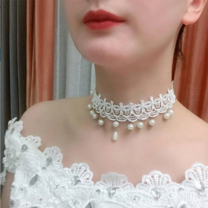 Imitation Pearl White Lace Choker | Bridal Wedding Tattoo Tassel | Women