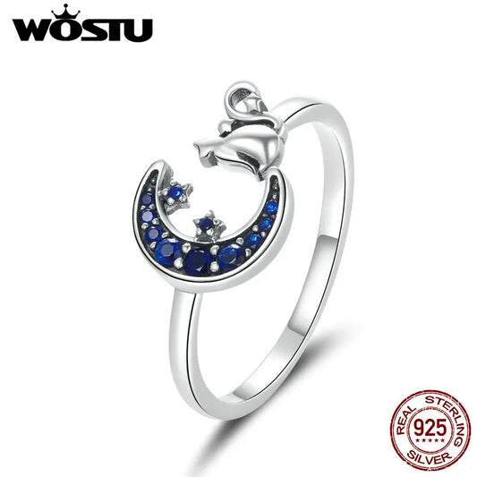 Moon & Cat Sterling Silver Ring | Blue Zircon Adjustable Animal Design | USA